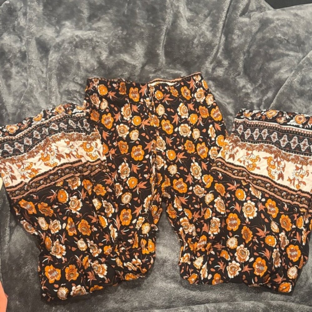 SHEIN Black Floral Wide-Leg Pants with Orange & Cream Blooms